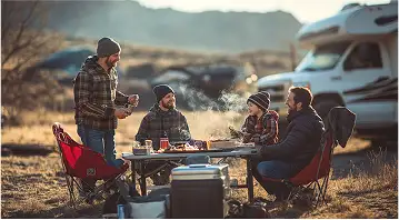 people camping near an RV